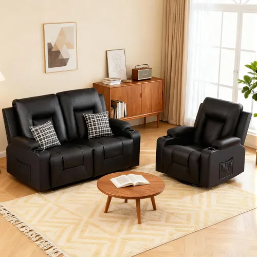 Vista 10 de COMHOMA Juego de muebles para sala de estar, juegos de sofás reclinables manuales de cuero sintético con portavasos, sofá reclinable, loveseat