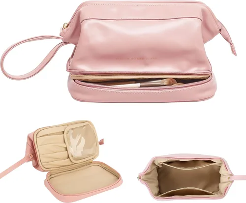 Nuevo bolso cosmético del viaje de la capacidad grande, bolso del organizador del maquillaje, diseño interior claro del bolsillo, C-rosa, Clásico,