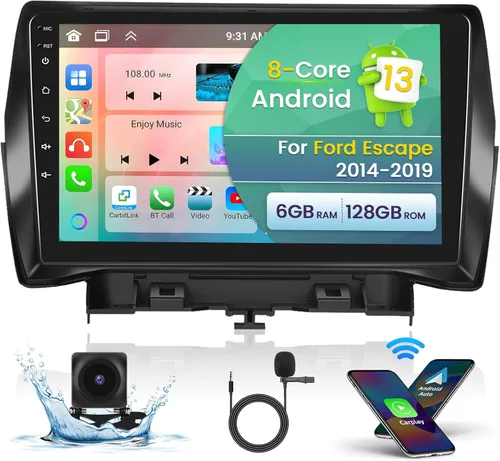 [8 núcleos 6+128G] Radio Android para Ford Escape 2014-2019, pantalla táctil HD de 9 pulgadas para Escape con CarPlay Android Auto, WiFi de 5 GHz de Roinvou