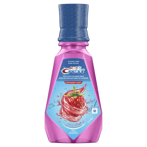Crest Enjuague bucal con flúor anticaries para niños, sin alcohol, Strawberry Rush, 16.9 fl oz (16.9 fl oz), paquete de 4