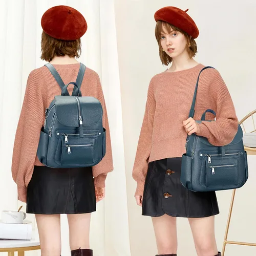 Vista 3 de ALTOSY Mochila de cuero para mujer, bolso casual de moda con múltiples bolsillos y solapa, Azul índigo, Viajar
