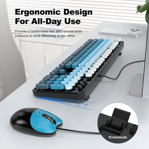 Vista 4 de MOFII Combo de teclado y mouse con máquina de escribir retro con cable, USB de tamaño completo Plug & Play para PC con Windows - Negro Azul