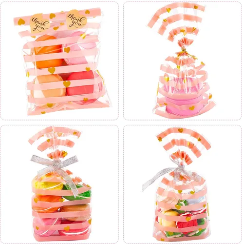 Vista 4 de JOERSH Paquete de 100 bolsas de golosinas, bolsas de celofán con corazón rosa, refuerzo inferior de plástico transparente, para dulces, galletas