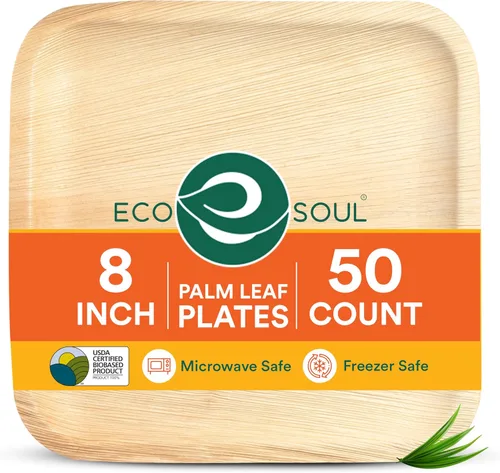 Vista 11 de ECO SOUL Platos de Hoja de Palma de 6" Cuadrados (50 Unidades) – Desechables, Ecológicos, Platos de Aperitivo de Bambú Biodegradables – Vajilla