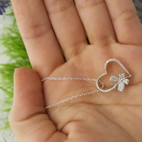 Vista 5 de Plata de ley 0,15quilates (quilates) Ronda Diamante mariposa encanto corazón colgante, última intervensión cadena