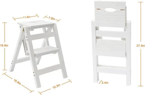 Vista 6 de TOF&HAMY Taburete plegable de 2 niveles, taburete plegable multifuncional de madera maciza, taburete de escalera para el hogar y la oficina, 330