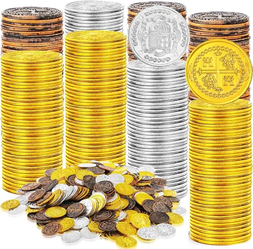 Vista 8 de Hanaive 100 piezas de monedas piratas de plástico, monedas de juego falsas réplica de doblones españoles para cofre del tesoro de fiesta pirata