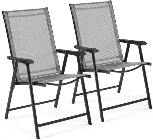Vista 10 de Yaheetech Juego de 2 sillas de comedor para patio con reposabrazos, sillas plegables para exteriores con marco de metal y respaldo para césped