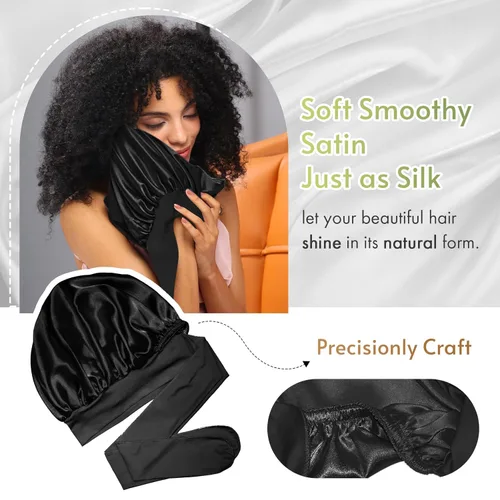 Vista 5 de BONNET QUEEN Gorro reversible de satén de seda para dormir, doble capa, ajustable, trenzas rizadas, peluca de cabello natural, banda para gorro
