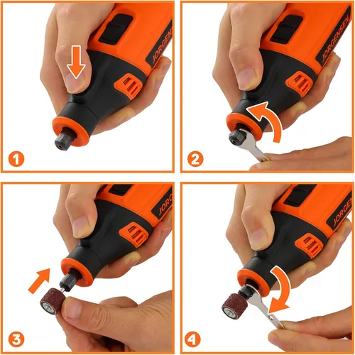 Vista 5 de Kit de Herramienta Rotativas Jorgensen, 6 herramientas rotativas de velocidad variable con 51 piezas de accesorios, herramienta rotativas potentes