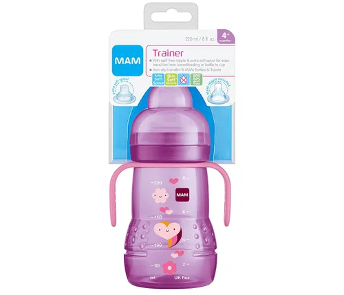 Vista 7 de Botella MAM anticólicos de 9 onzas, paquete de 4 con pezón adicional y taza MAM Trainer de 8 onzas con boquilla extra suave para niñas