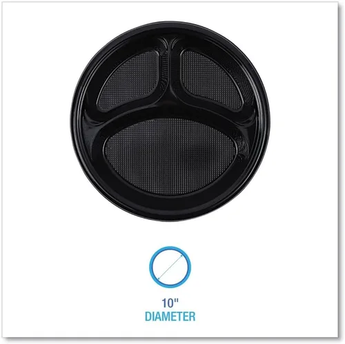 Vista 3 de Boardwalk BWKPLTHIPS10BL3 - Platos llanos de plástico de alto impacto de 3 compartimentos de 10 pulgadas de diámetro, color negro (500/caja)