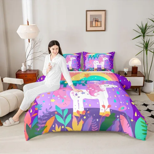 Vista 5 de Feelyou Lindo edredón de unicornio arcoíris tamaño individual, edredón de unicornio lindo para niñas pequeñas arco iris, estrella, galaxia
