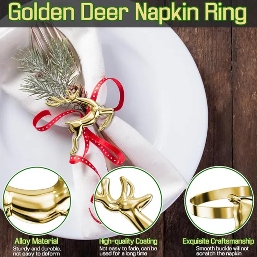 Vista 3 de ZeeDix Juego de 8 servilleteros dorados de renos navideños, anillo para servilletas de tela para decoración de mesa de cena navideña