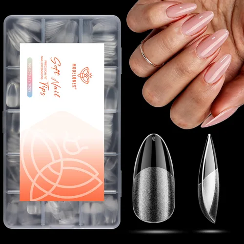 Vista 10 de modelones Puntas de uñas cortas de almendra, 360 piezas pre-grabadas al ácido, uñas postizas transparentes suaves de presión, cobertura completa