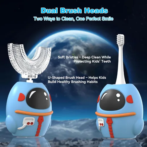 Vista 3 de FTOYIN Cepillo de dientes eléctrico para niños, cepillo de dientes en forma de U con 4 cabezales de cepillo, limpieza ultrasónica de 360, 5 modos