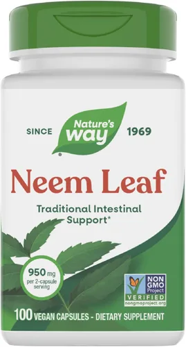 Nature's Way Cápsulas de hojas de neem, soporte intestinal tradicional*, utilizadas en ayurveda, 950 mg por porción de 2 cápsulas, proyecto