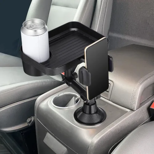 Vista 9 de CALLARON Bandeja portavasos, bandejas para automóvil para comer, bandeja giratoria ajustable 3 en 1 para alimentos, soporte universal para vasos