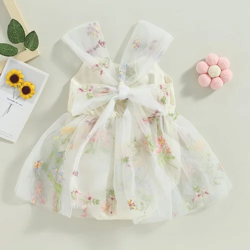 Vista 3 de Vestido de verano para bebé niña, con tirantes ajustables, sin espalda, bordado floral, vestido tutú de cumpleaños