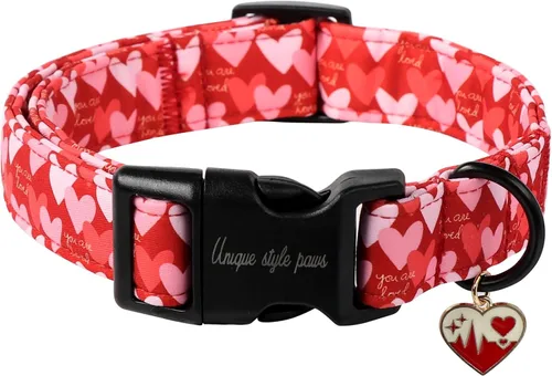 Vista 52 de Collar de perro de estilo único Valentine con hebilla de plástico y colgante en forma de corazón de amor en negro y rosa, collares de algodón