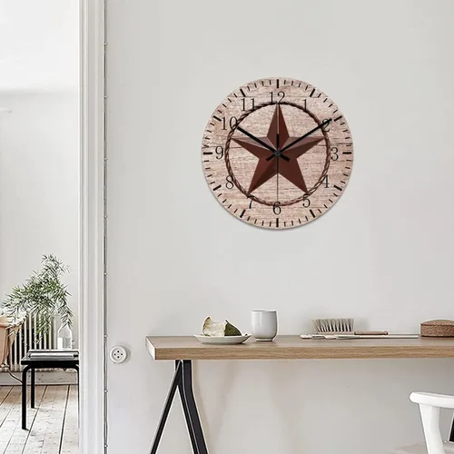 Vista 5 de Reloj de pared redondo de estilo rústico con estrella de Texas occidental, reloj de madera, silencioso sin tictac, funciona con pilas, con números