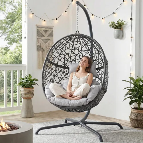 BULEXYARD Silla colgante de gran tamaño con soporte, para interiores y exteriores, silla columpio de mimbre gris para pájaros, hamaca de patio, claro