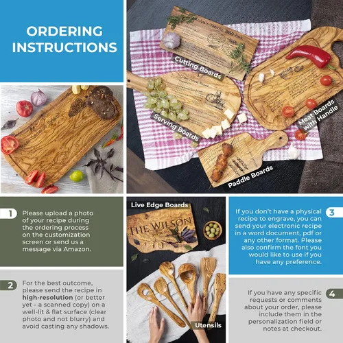 Vista 4 de Forest Decor Tabla de carne de madera de olivo con ranura para jugos, tabla de cortar recetas hecha a mano, tablero grabado de recetas