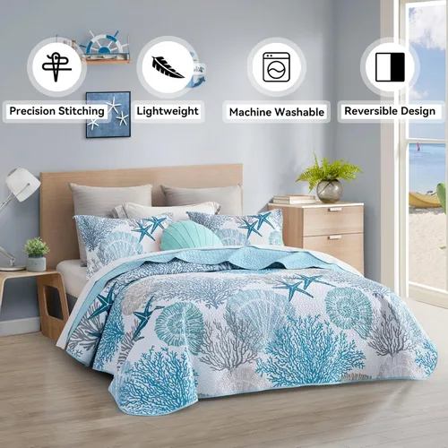 Vista 2 de Tritard Juego de edredón costero de 2 piezas, tamaño individual, edredones reversibles de microfibra con 1 funda, ropa de cama suave y ligera, ropa