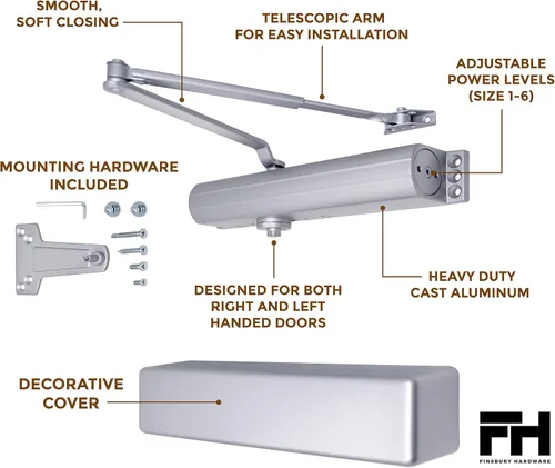 Vista 5 de Finsbury Cierre de puerta comercial automático, resistente, ajustable, de alto tráfico, ANSI/BHMA Grado 1, listado UL, cumple con ADA, cierre