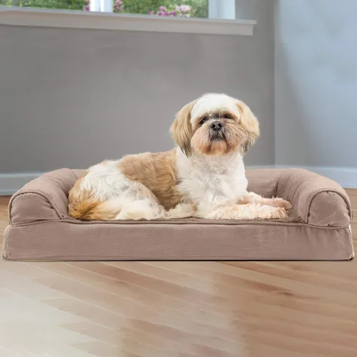 Vista 3 de FurHaven - Cama ortopédica de espuma estilo sofá para perros con funda lavable y extraíble - Felpa/Gamuza - Almendra, para perros de hasta 35 libras