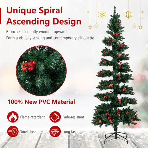 Vista 2 de DORTALA Árbol de Navidad de Lápiz Preiluminado de 7 Pies, Árbol de Navidad Artificial Delgado en Espiral con 220 Luces LED Blancas Cálidas, 791