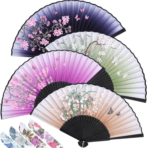 Vista 16 de Zonon Paquete de 4 abanicos plegables florales de mano, abanicos de bambú de seda con borla para mujer, ventilador plegable de mano ahuecado