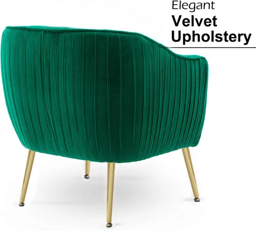 Vista 7 de Silla decorativa de terciopelo, moderna silla con brazo de barril con patas de metal con acabado dorado para sala de estar y dormitorio, color verde