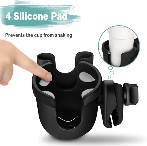 Vista 6 de Portavasos universal para cochecito con funda para teléfono, accesorios para cochecito 2 en 1 con rotación de 360°, soporte ajustable para bebidas
