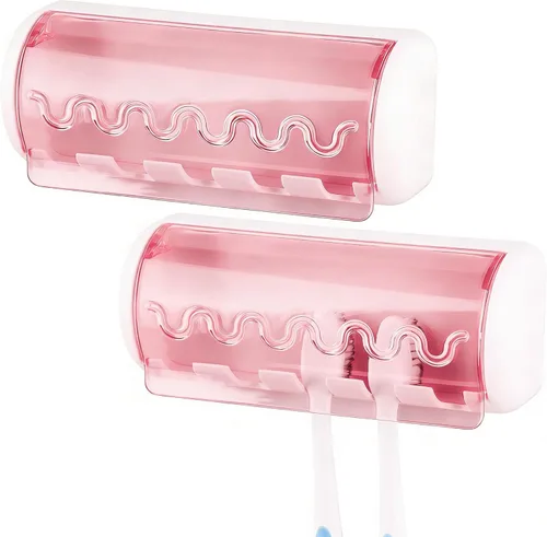 Vista 10 de 2 soportes autoadhesivos para cepillos de dientes con cubierta para baño, organizador de cepillos de dientes montado en la pared de 5 ranuras