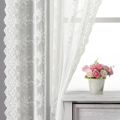 Vista 17 de Kotile - Cortinas de encaje beige de 45 pulgadas de largo para ventanas de cocina, 2 paneles, cortinas de encaje floral de vid traslúcidas