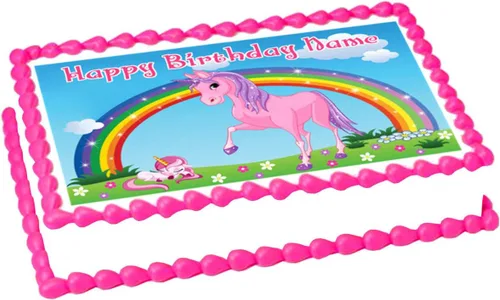 Unicornio rosa arco iris 1/2 hoja (16 x 10 pulgadas) comestible decoración de fiesta de cumpleaños