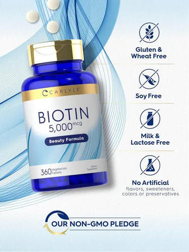 Vista 4 de Carlyle Biotin 5000mcg 360 tabletas vegetarianas Suplemento de fórmula de belleza para cabello, piel y uñas Sin OMG, sin gluten