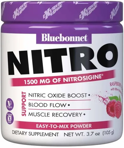 Bluebonnet Nutrition Extreme Edge Nitro Powder, Nitric Oxide Precursor*, Increase Blood Flow*, Soy-Free, Gluten-Free, Vegan, Raspberry Flavor, 3.7
