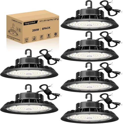 Vista 12 de UFO - Luz LED de alta bahía de 100 W, luces LED de alta bahía de 14,000LM, 0-10 V, regulable, cable de 6 pies con enchufe estadounidense, gancho