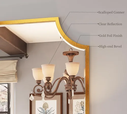 Vista 6 de Kelly Miller Espejo de baño dorado grande de 30 x 40 pulgadas para pared, espejo de tocador festoneado dorado, espejo decorativo con marco biselado