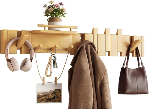 Gancho plegable de nogal moderno de mediados de siglo con estante, ganchos de madera resistentes para toallas ocultos para baño, estante de pared