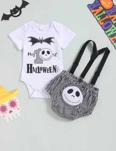 Vista 3 de Mi primer traje de Halloween para bebé, recién nacido, caballero con tirantes y parte inferior de calavera