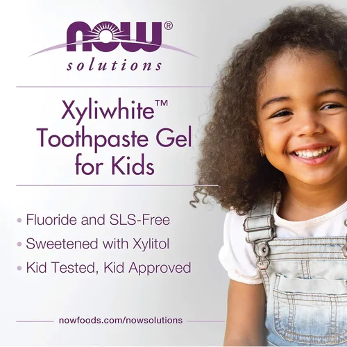 Vista 3 de NOW Solutions, Gel de pasta de dientes Xyliwhite™ para niños, sabor a salpicaduras de fresa, aprobado por niños. 3 onzas, el embalaje puede variar