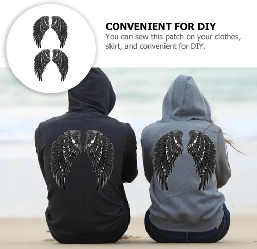 Vista 9 de Sequin Angel Wing Patch 2 Pairs Iron-on Embroidered DIY Clothing Applique for Garment Repair and Decoration, Black Fabric Sewing Accessories for
