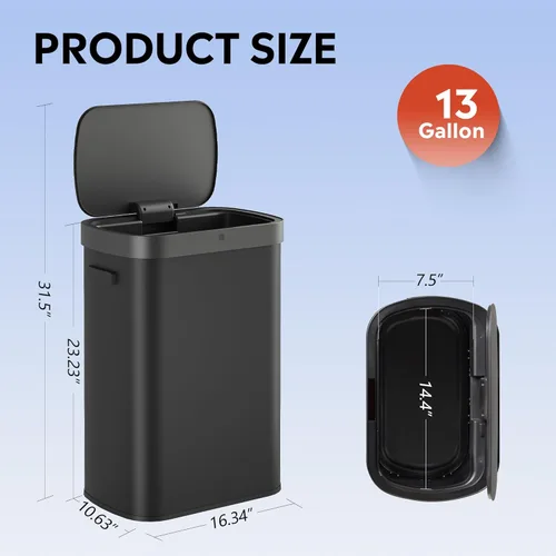 Vista 3 de WLIVE Bote de basura de 13 galones, 50 litros de gran capacidad con sensor de movimiento automático, cubos de basura sin contacto con indicador LED