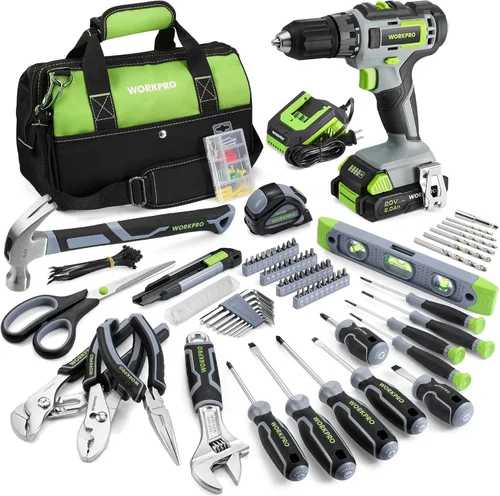 Vista 10 de WORKPRO Kit de herramientas rosa con taladro, juego de herramientas con destornillador de iones de litio inalámbrico de 20 V, juego de taladro rosa