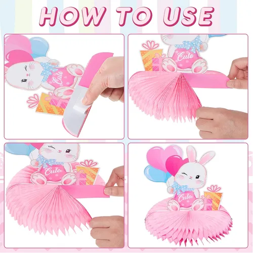 Vista 3 de Kit de 26 piezas de decoración de fiesta de cumpleaños de conejo de Pascua, suministros de conejito de cumpleaños, panal, centro de mesa, remolinos