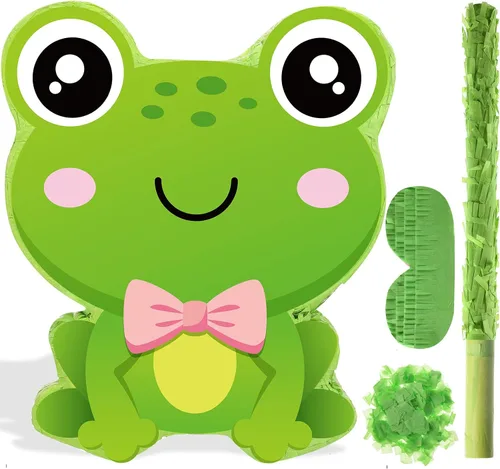 Aoriher Piñata de rana con palo con los ojos vendados y confeti de rana para fiesta de cumpleaños, decoraciones para fiestas temáticas de granja
