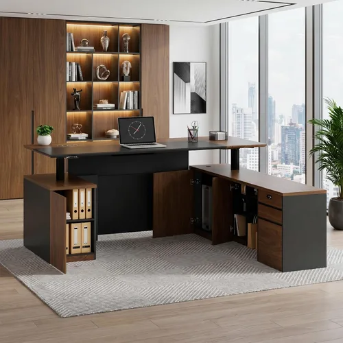 Vista 3 de 78" L Shaped Executive Desk with File Cabinet Drawers Outlet USB, Dual-Motor Adjustable-Height Modern Executive Desk with Privacy Panel for Boss